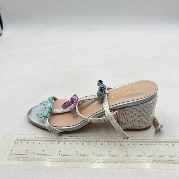 XYD Blue Multi Rhinestone Crystals Chunky Heels Open Toe Sandals Bowknots Shoes - Picture 2 of 8